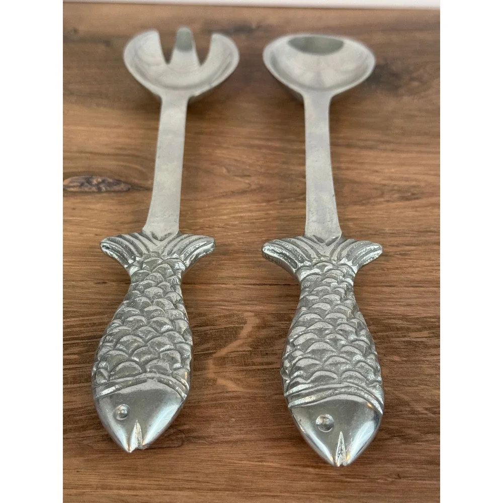 Vintage Metal Fish Handled Salad Serving Set w/Fork and Spoon 12